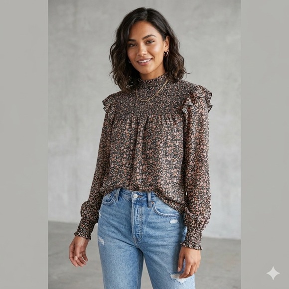 Ophelia Roe Tops - Ophelia Roe Womens Size XL Floral Chiffon Blouse Smocked High Neck Ruffle Career